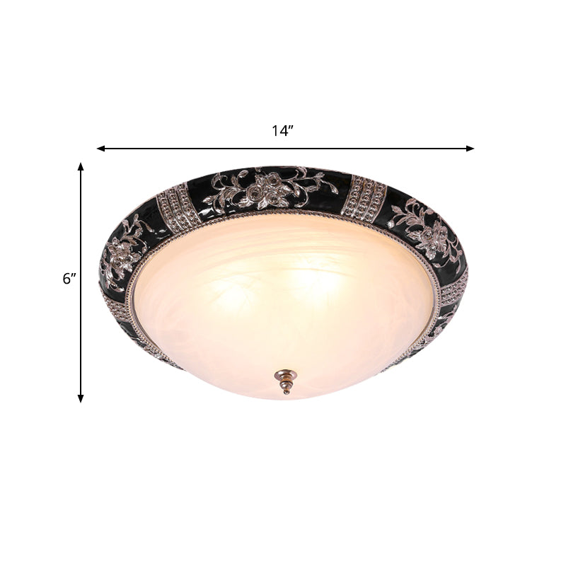 Black-Gold Semi-Orb Flush Mount Lamp With Satin Glass Shade For Hallway