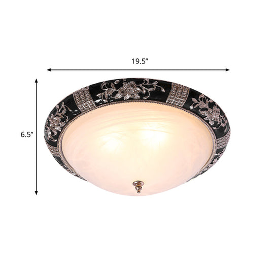 Black-Gold Semi-Orb Flush Mount Lamp With Satin Glass Shade For Hallway