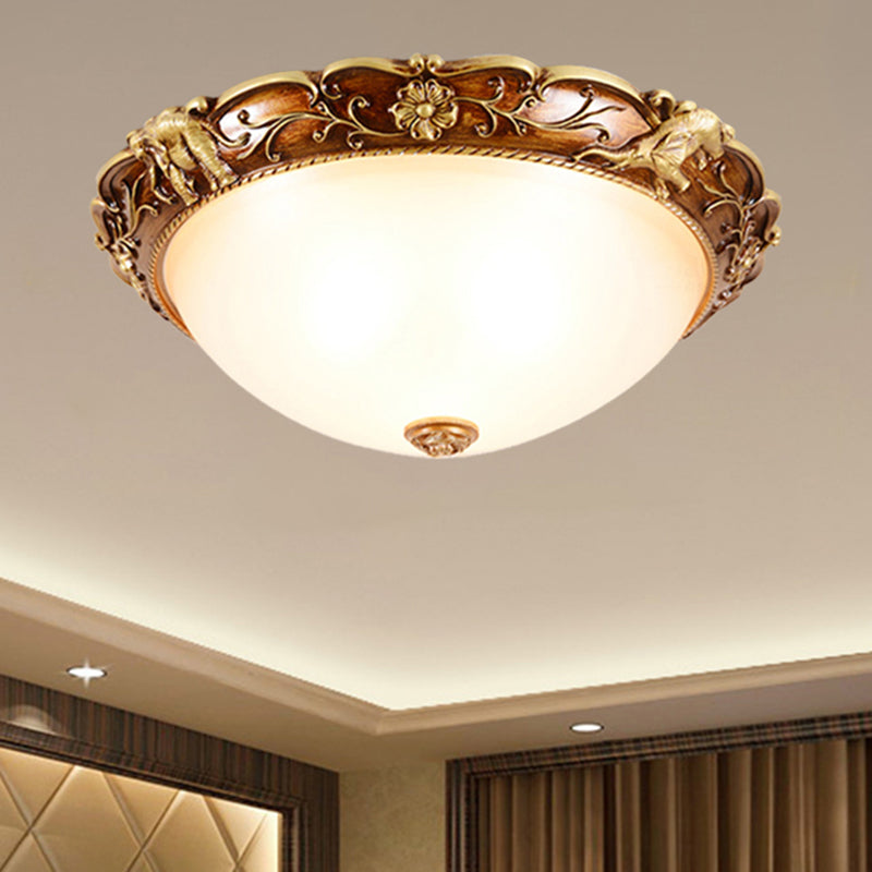 Traditional Flush Mount Ceiling Lighting With Floral And Elephant Deco In Brown - 3 - Light Bowl