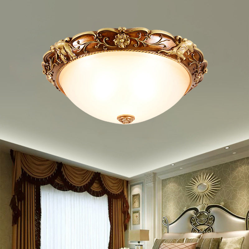 Traditional Flush Mount Ceiling Lighting With Floral And Elephant Deco In Brown - 3-Light Bowl