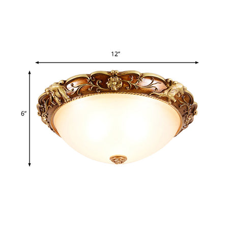 Traditional Flush Mount Ceiling Lighting With Floral And Elephant Deco In Brown - 3-Light Bowl