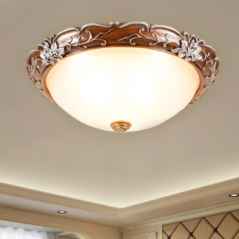 Milky Glass Brown Ceiling Lamp - Semi-Spherical 3 Bulb Flush Mount Lighting With Flower Pattern