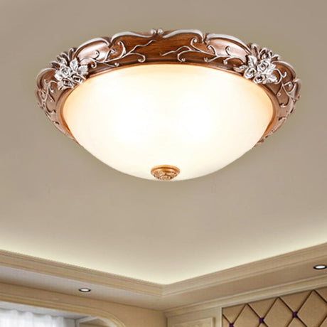 Milky Glass Brown Ceiling Lamp - Semi-Spherical 3 Bulb Flush Mount Lighting With Flower Pattern