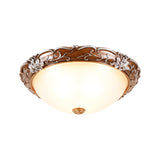 Milky Glass Brown Ceiling Lamp - Semi-Spherical 3 Bulb Flush Mount Lighting With Flower Pattern