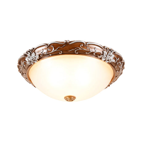 Milky Glass Brown Ceiling Lamp - Semi-Spherical 3 Bulb Flush Mount Lighting With Flower Pattern