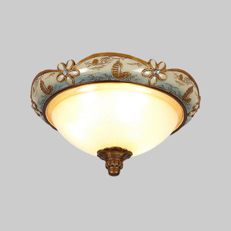 Vintage Opaline Glass Dome Ceiling Lamp With Blue-White Flush Mount And Bloom Decoration