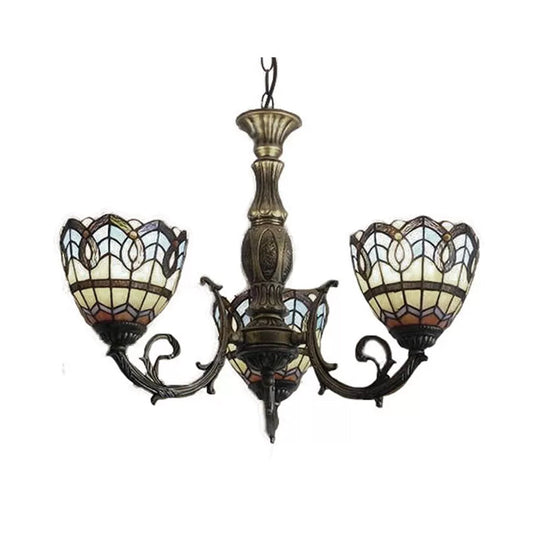 Tiffany Style 3-Light Chandelier With Art Glass Bell Shades In Aged Brass For Living Rooms Beige