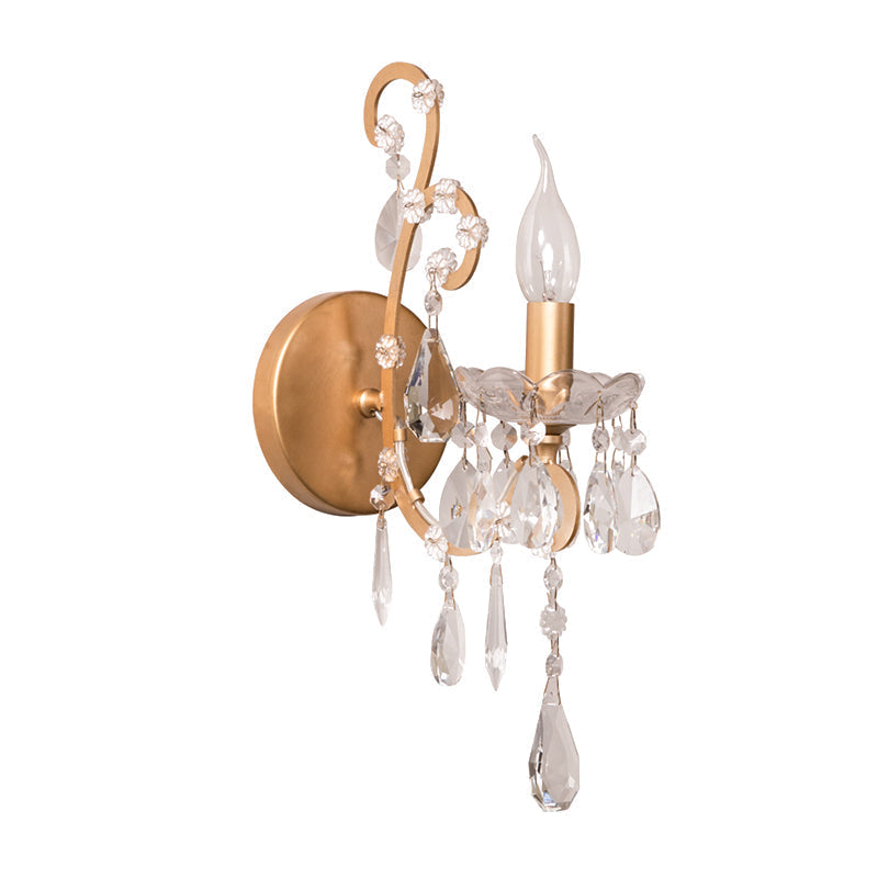 Traditional 1-Bulb Metallic Wall Light With Crystal Droplet In Gold - Perfect For Hallways