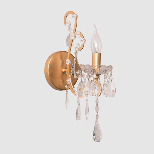 Traditional 1-Bulb Metallic Wall Light With Crystal Droplet In Gold - Perfect For Hallways