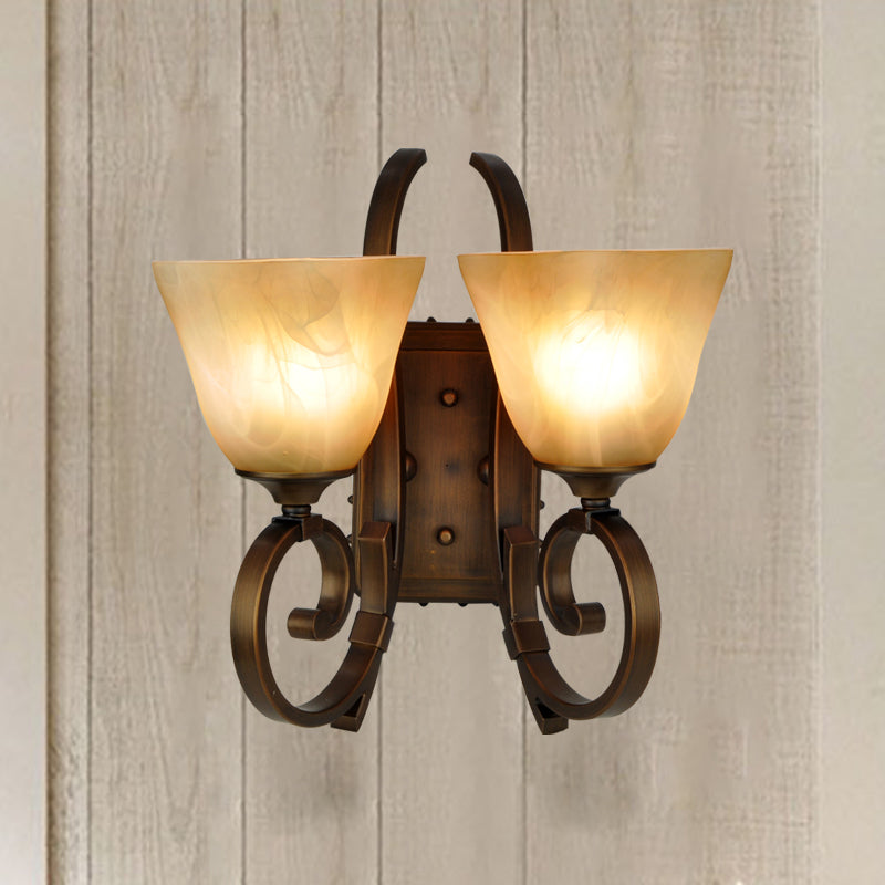 Minimalist Tapered Sconce Lighting: 2-Light Wall Lamp Fixture In Bronze With Crackled Glass &