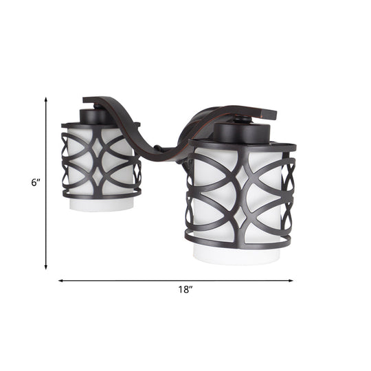 Black Hollowed Frame Milky Glass Vanity Light For Shower/Bath With 2-Blubs - Classic Style