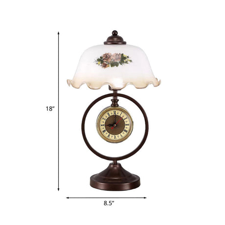 Vintage Opaline Glass Dome Table Lamp With Rustic Design & Clock