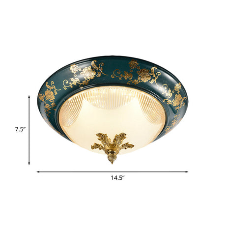 Green Bloom Pattern Ceiling Fixture With 3 Ribbed Glass Shades - Classic Round Design