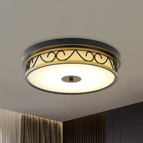 Led Drum Flush Mount Lamp - Traditional Black Frosted Glass Ceiling Light