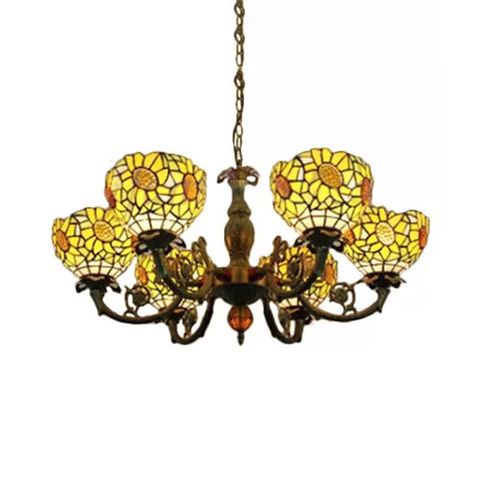 Multicolor Tiffany Style Chandelier For Dining Room: 6-Light Art Glass Pendant Ceiling Lamp With