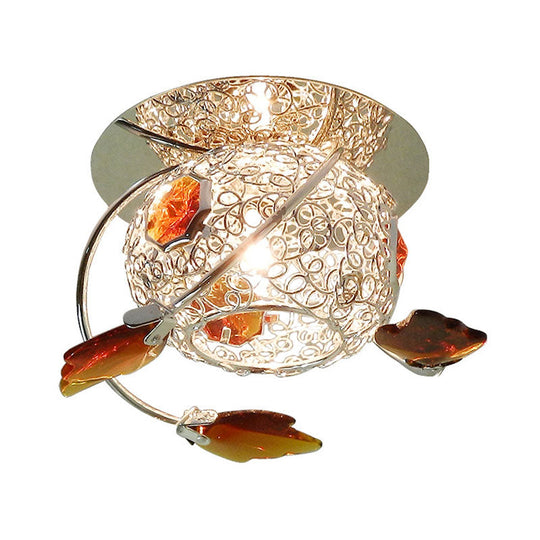 Modern Leaf Corridor Flushmount Light With Faceted Tan Crystal And Globe Cage Shade