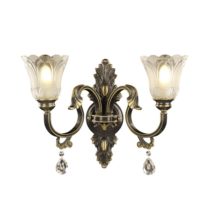 Modern Floral Shade Wall Sconce With Crystal Drip - 2 Lights Black & Gold