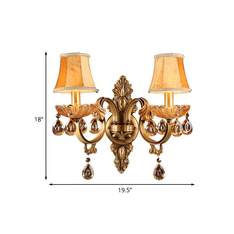 Crystal Raindrop Fabric Sconce: Countryside Brass Wall Lighting For Bedroom