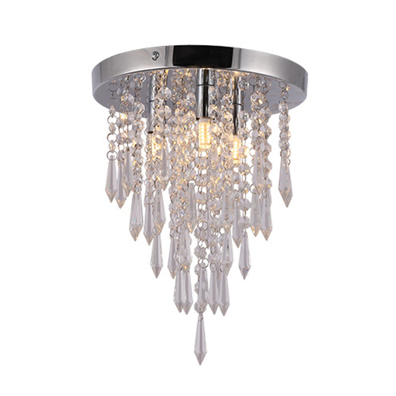 Nordic Crystal Droplet Flush Mount Ceiling Light Fixture In Chrome - 3 Lights