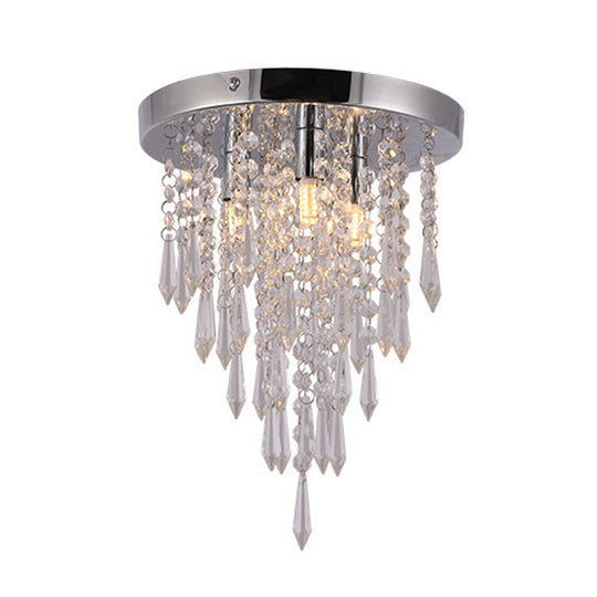 Nordic Crystal Droplet Flush Mount Ceiling Light Fixture In Chrome - 3 Lights