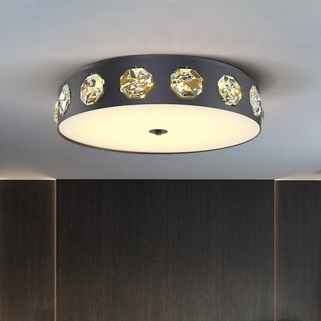 Contemporary Black Led Flush Mount Ceiling Light Fixture With Crystal Drum Insert