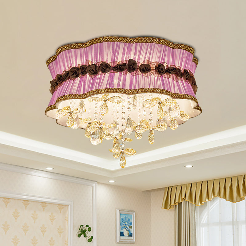 Nordic Crystal Floral Flushmount Light With Sheer Fabric Shade - Coffee/Pink 6-Bulb Close To Ceiling