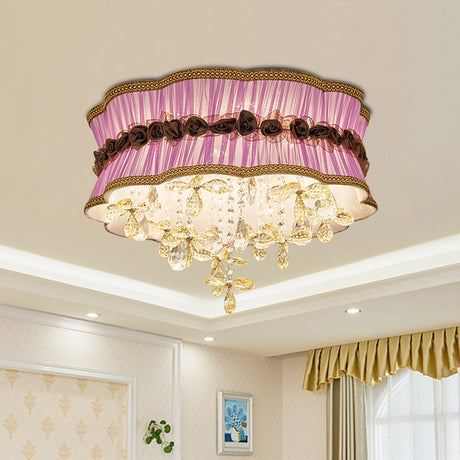 Nordic Crystal Floral Flushmount Light With Sheer Fabric Shade - Coffee/Pink 6-Bulb Close To Ceiling