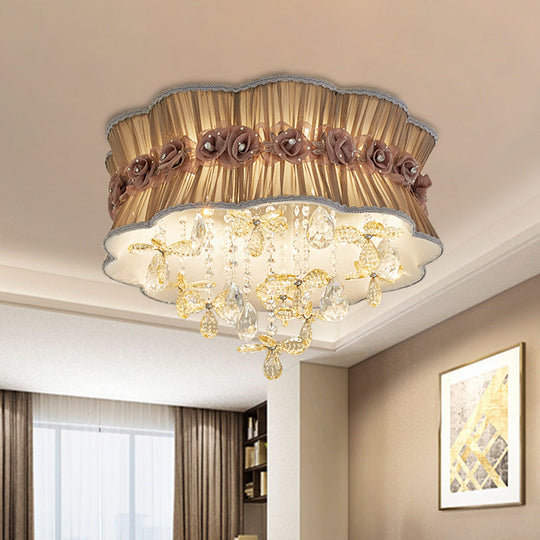Nordic Crystal Floral Flushmount Light With Sheer Fabric Shade - Coffee/Pink 6-Bulb Close To Ceiling