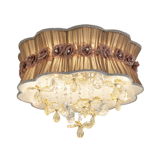 Nordic Crystal Floral Flushmount Light With Sheer Fabric Shade - Coffee/Pink 6-Bulb Close To Ceiling