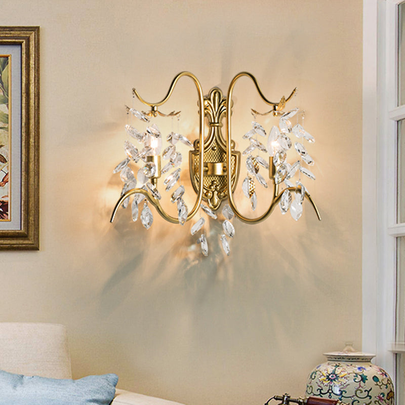 Gold Leaf Crystal Drip Sconce Light - 2 Lights Wall Fixture For Guest Room Lighting