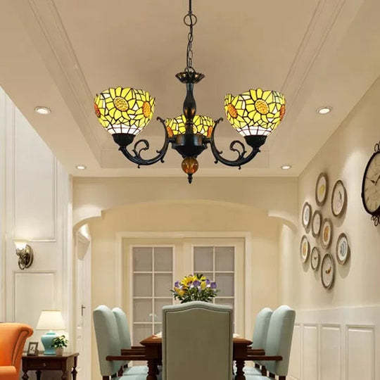 Multicolor Tiffany Style Chandelier For Dining Room: 6-Light Art Glass Pendant Ceiling Lamp With