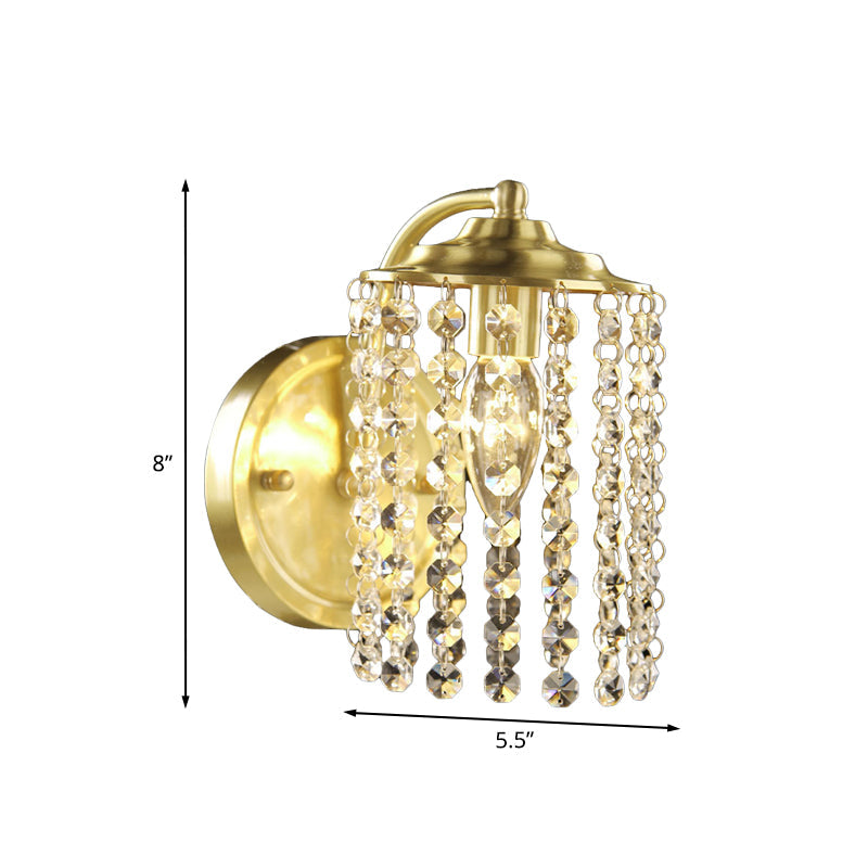 Rustic Crystal Bead Brass Wall Sconce With 1 Light Cylinder Mount Fixture