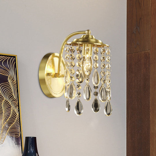 Teardrop Crystal Brass Wall Sconce For Bedroom - Elegant 1-Bulb Cylindrical Light