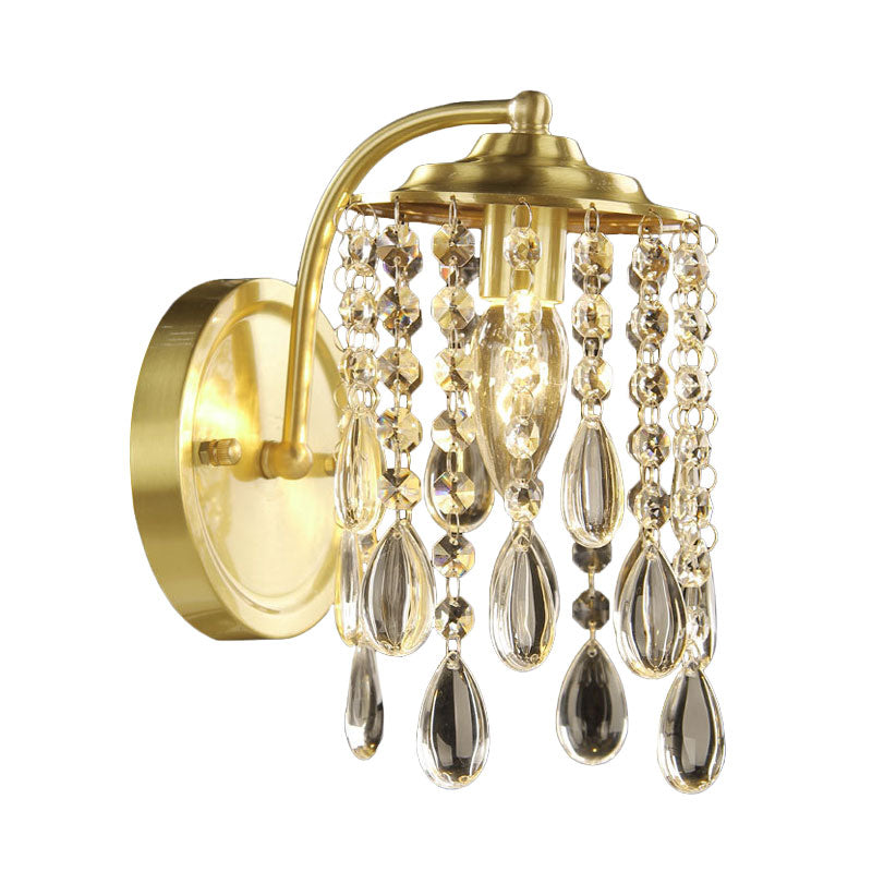 Teardrop Crystal Brass Wall Sconce For Bedroom - Elegant 1-Bulb Cylindrical Light