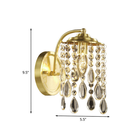 Teardrop Crystal Brass Wall Sconce For Bedroom - Elegant 1-Bulb Cylindrical Light