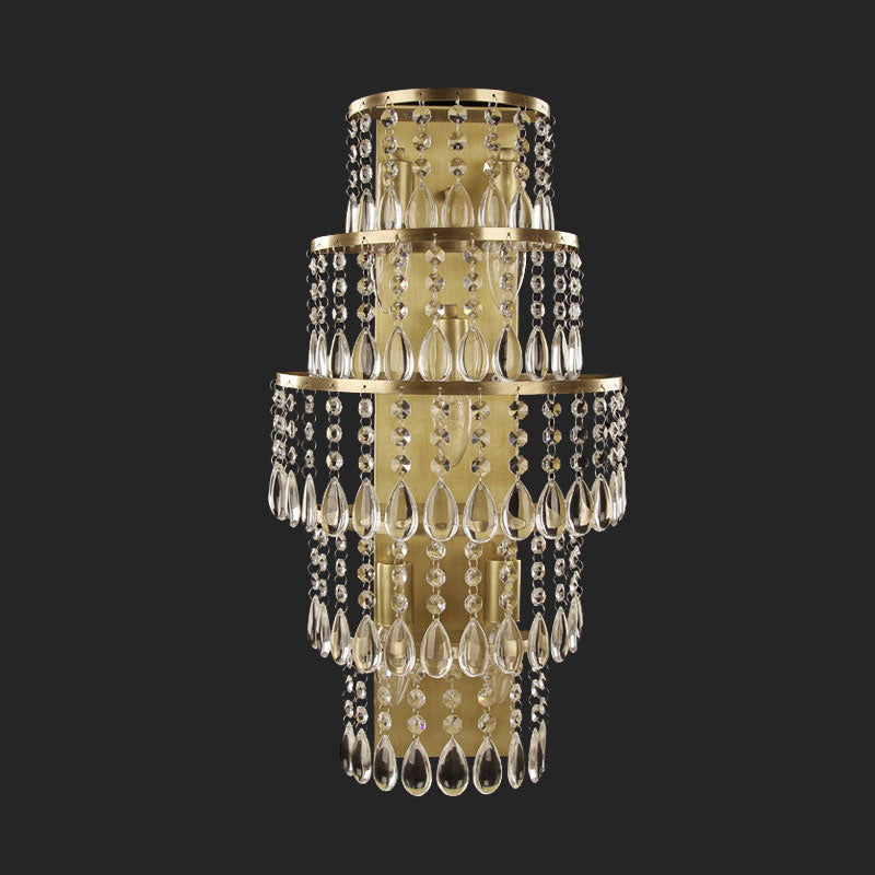 Contemporary Crystal Wall Sconce With 5-Bulb Brass Mount - Layered Bedside Light