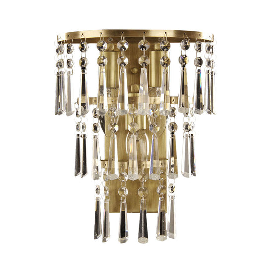Contemporary Brass Wall Sconce Lighting: Crystal Flute Tiered Hall Mounted Light