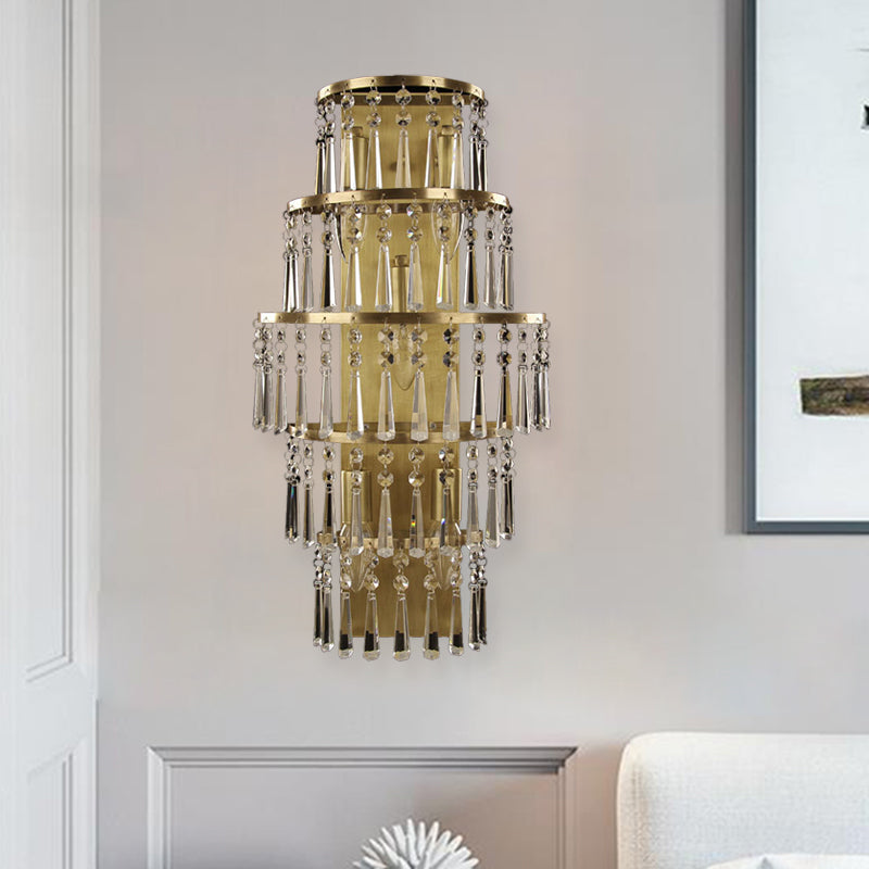 Rustic Brass Crystal Chain Wall Mounted Light Fixture - Tiered Lighting Idea With 5 Bulbs