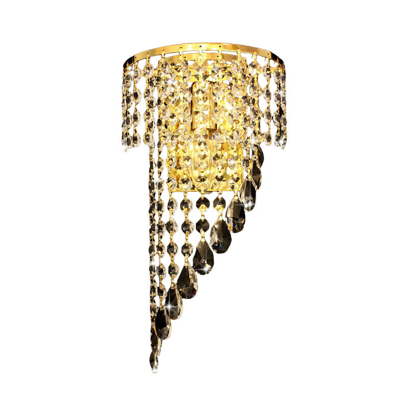 Countryside Gold Wall Sconce With Crystal Chain And Swirling 1-Head Design