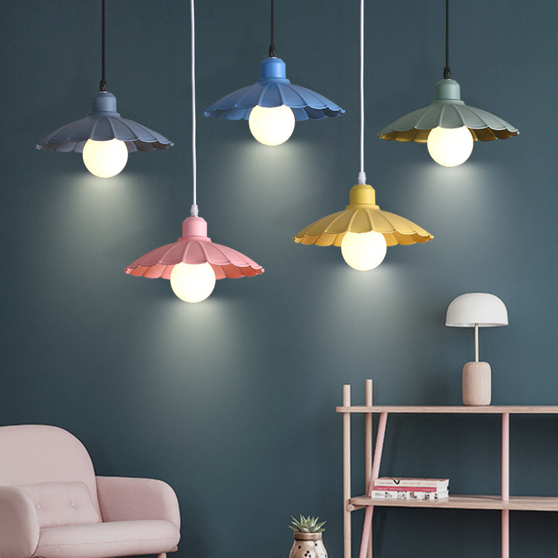 Macaron Style Scalloped Edge Metallic Hanging Lamp - Pink/Yellow For Living Room