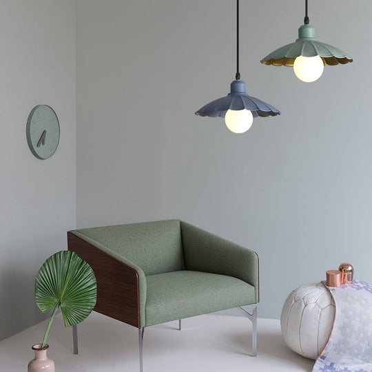 Macaron Style Head Pendant Lamp With Scalloped Edge Metallic Shade In Pink/Yellow - Perfect For