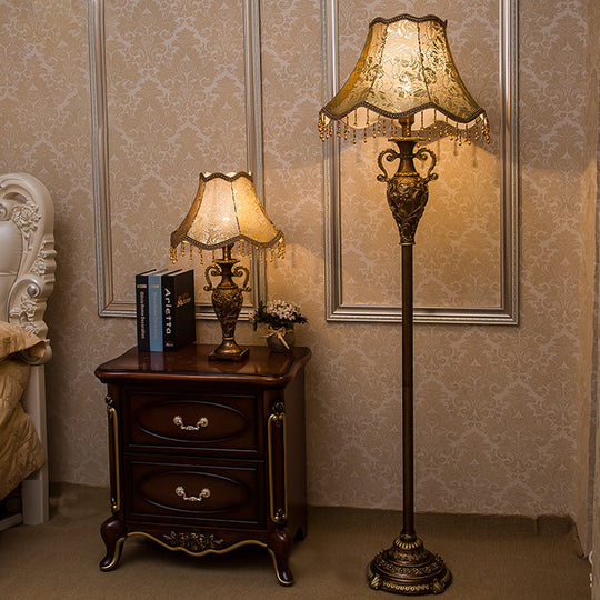 Rustic Rose Print Fabric Scalloped Floor Lamp In Gold - 1 Bulb Free Standing Light For Living Room