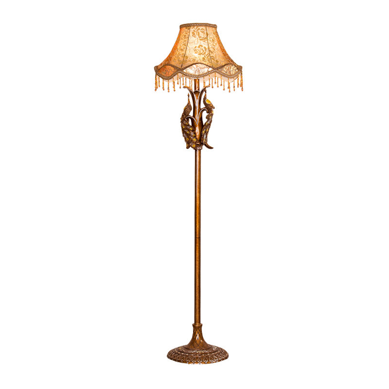 Gold Standing Floor Lamp With Scalloped Fabric Shade - Traditional Style Bulb Light For Sitting Room