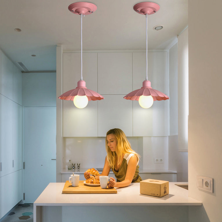 Macaron Style Head Pendant Lamp With Scalloped Edge Metallic Shade In Pink/Yellow - Perfect For
