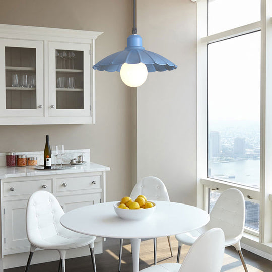 Macaron Style Head Pendant Lamp With Scalloped Edge Metallic Shade In Pink/Yellow - Perfect For