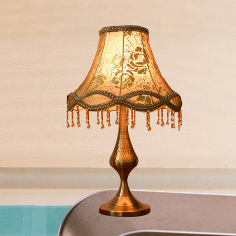Vintage Brass Floral Print Nightstand Lamp With Flared Fabric Shade
