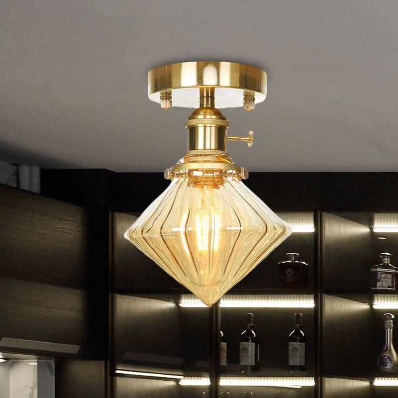 Industrially Styled Gem Shade Semi Flush Light For Living Rooms With Prismatic Glass And
