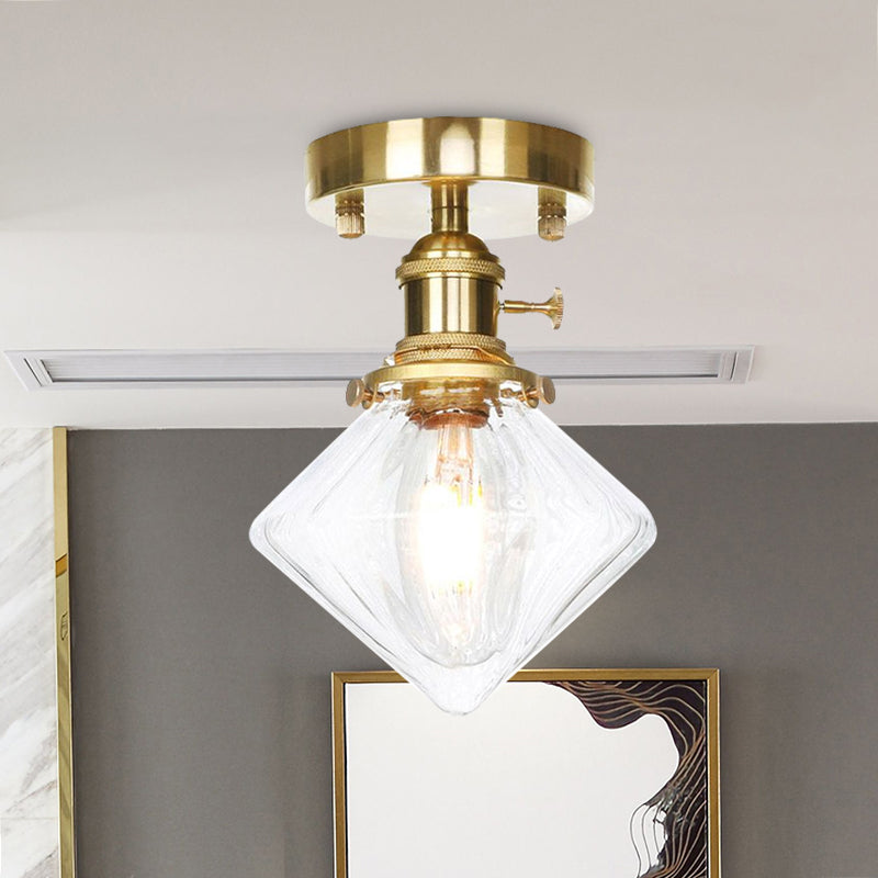 Industrially Styled Gem Shade Semi Flush Light For Living Rooms With Prismatic Glass And