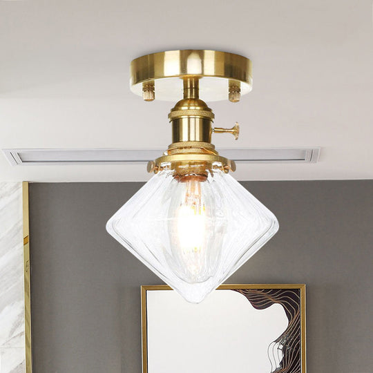 Industrially Styled Gem Shade Semi Flush Light For Living Rooms With Prismatic Glass And