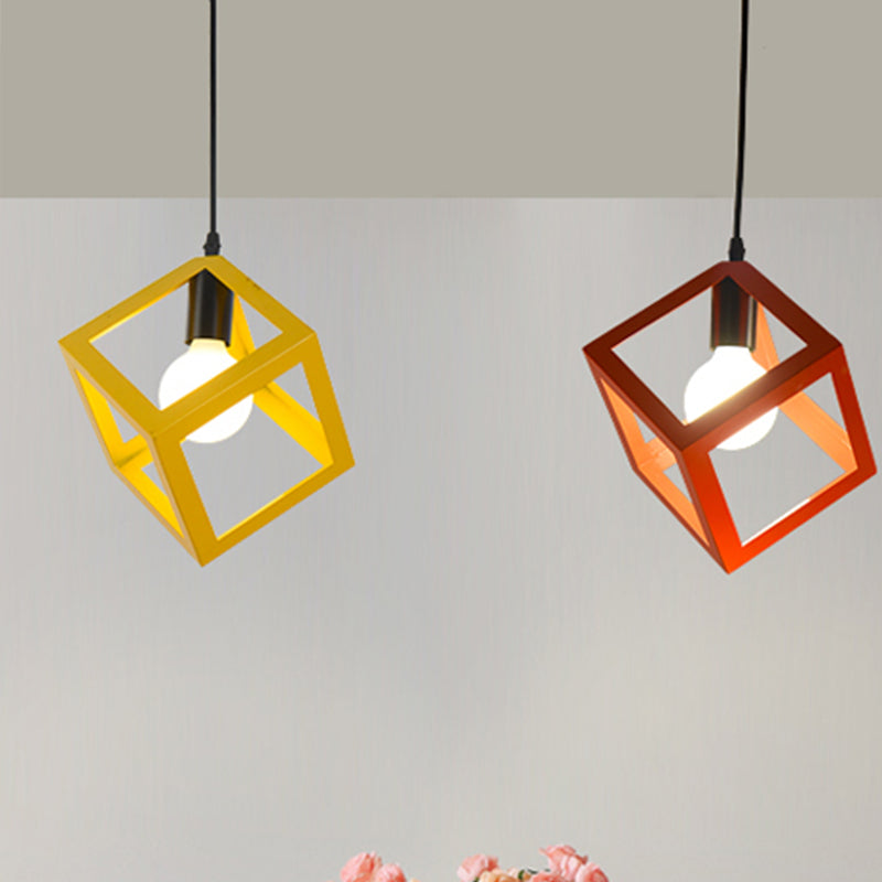 Loft Style 1-Light Hanging Lamp With Cubic Metal Cage Shade - Red/Blue/Green Pendant For Dining Room
